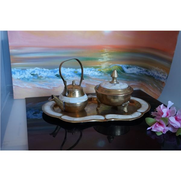 Vintage brass and mother of pearl set with tray
