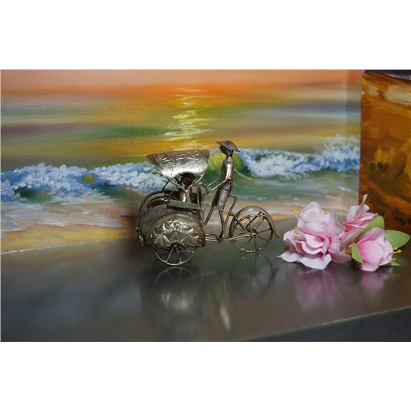 Vintage Asian brass decor, Chinese Yogya Silver Plate Metal Rickshaw Figurine Sculpture