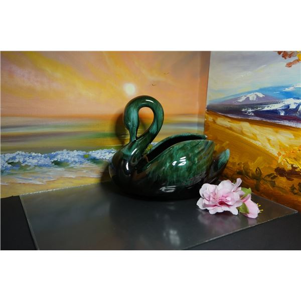 Blue Mountain Pottery Green Ceramic Swan, Retro Pottery, Large Figurine Glazed Pottery,Made Canada