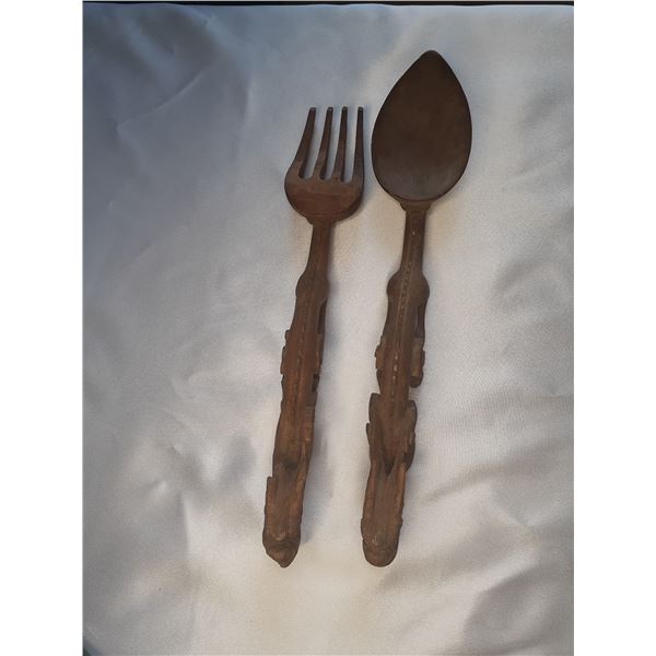 Pair of Asian handcurved wood spoon and fork