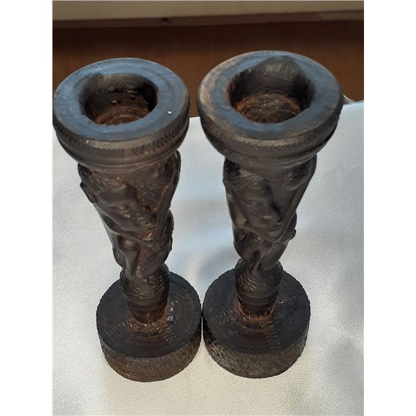 Antique Pair of wood hand curved candlesticks with African figures