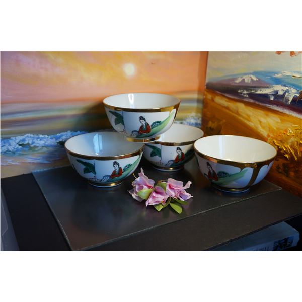 Vintage Asian Porcelain bowls 4 CHINESE RICE BOWLS Geisha Girls bowls Plate , Circa 1930