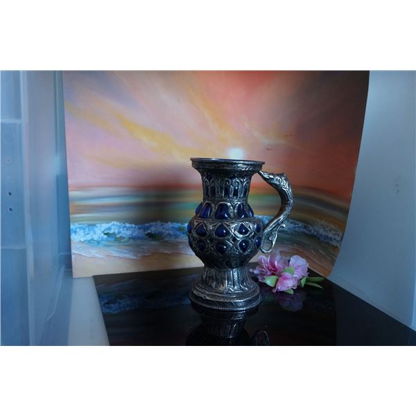 Cobalt Blue glass goblet, Cobalt Blue Blown Bubble Glass Silverplated Metal wine glass