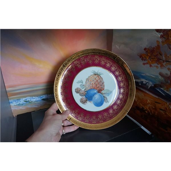 Limoges Rehausse Main Painted Plate, Still life with pineapple and plumps,Cabinet Plate