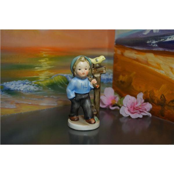 Vintage Porcelain figurine & frame plaque, 1960’s Napco Japan Vagabond Porcelain boy with bird
