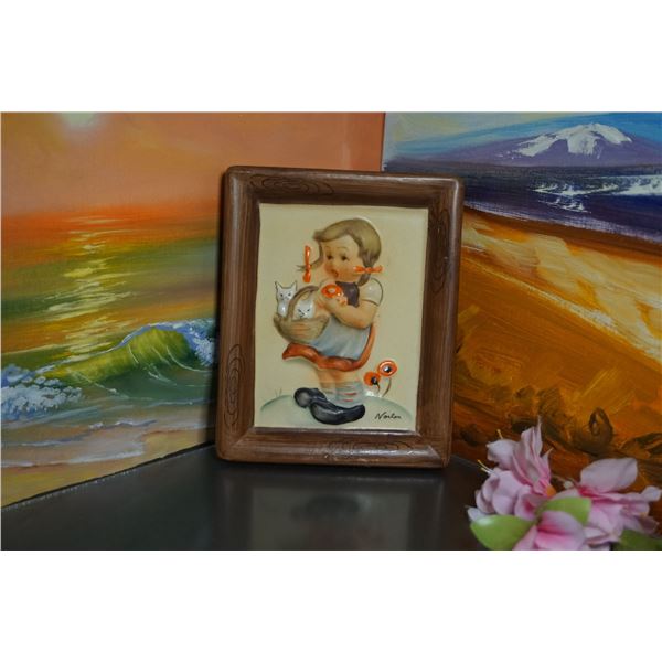 Vintage Porcelain figurine & frame plaque, 60’s Napco Japan Vagabond Porcelain girl with cats plaque
