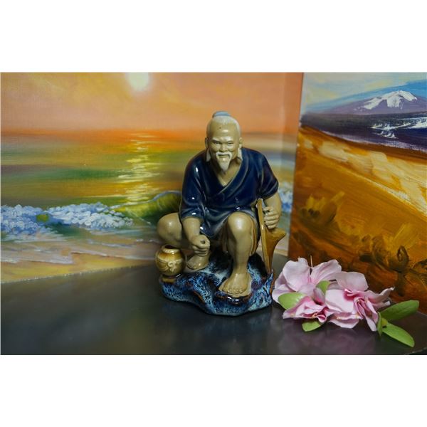 Vintage Oriental Mud Man Fisherman Clay Figurine Shiman Artistic Ceramic Factory, clay decor