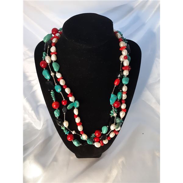 Vintage silver necklace with coral, turquoise pearls and black onyx beads