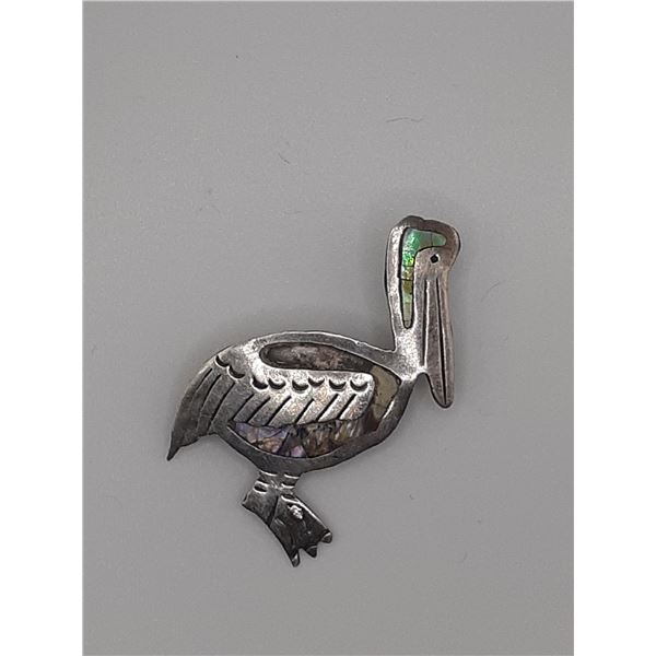 Vintage silver brooch pelican with abalone shell