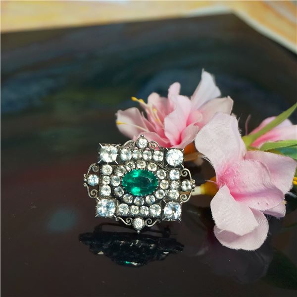 Antique Silver paste Brooch, clear and green foliated stones, silver paste jewelry gift
