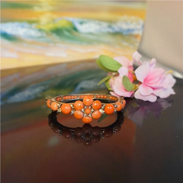 Victorian Red coral bangle bracelet, salmon coral bracelet & seed pearls, Victorian bracelet,