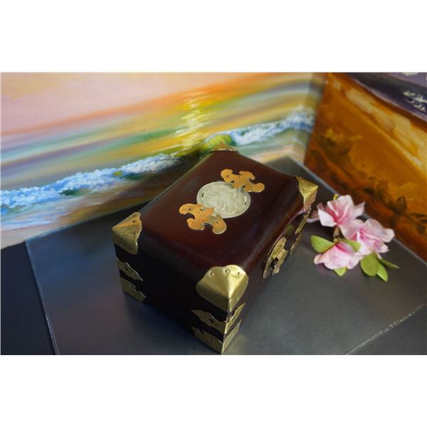 Vintage Chinese wood with jade Jewelry box, Oriental box, Asian box with jade bat and brass decor