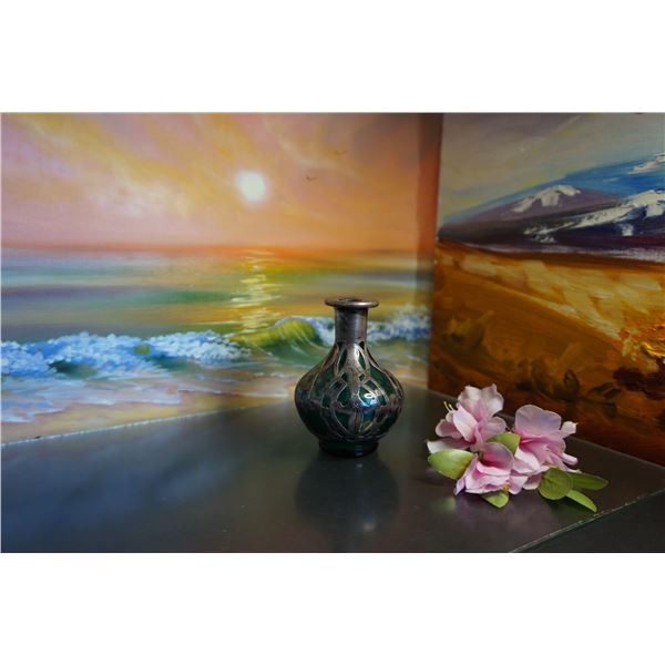 Antique Venetian green glass perfume bottle with silver overlay