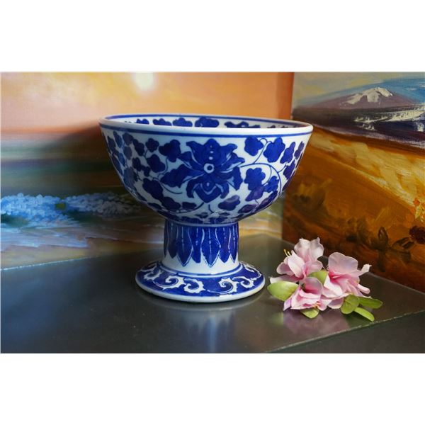 Vintage blue and white hand painted porcelain pedestal bowl