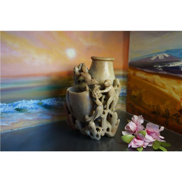Vintage Asian Carved Soapstone Monkey and Bird and fox, Vase or brush holder, asian decor
