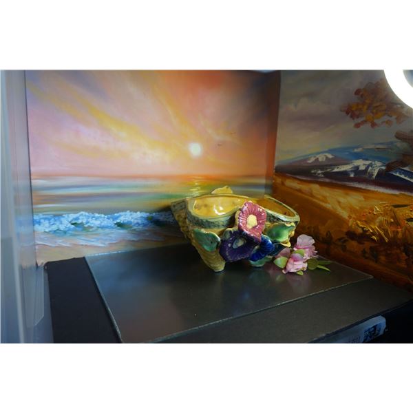 Vintage hand painted marked ceramic planter and glass with silver overlay bird decor,