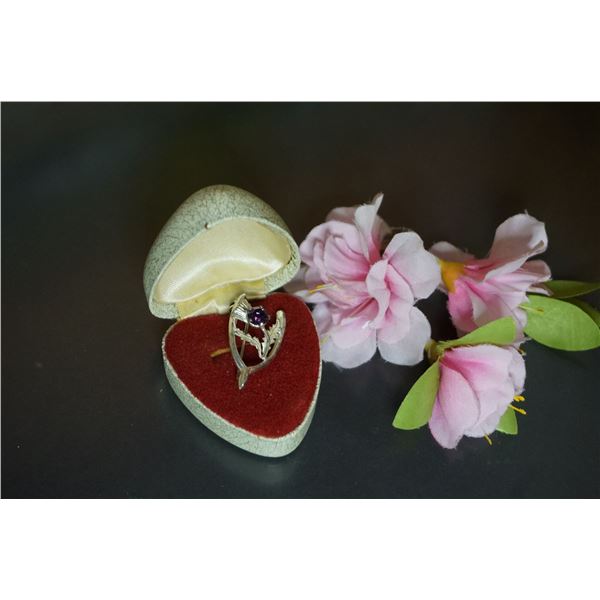 Vintage silver Scottish brooch with thistle and Amethyst paste stone