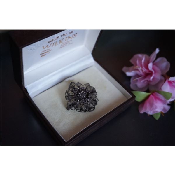 Victorian silver filigree lotus flower brooch