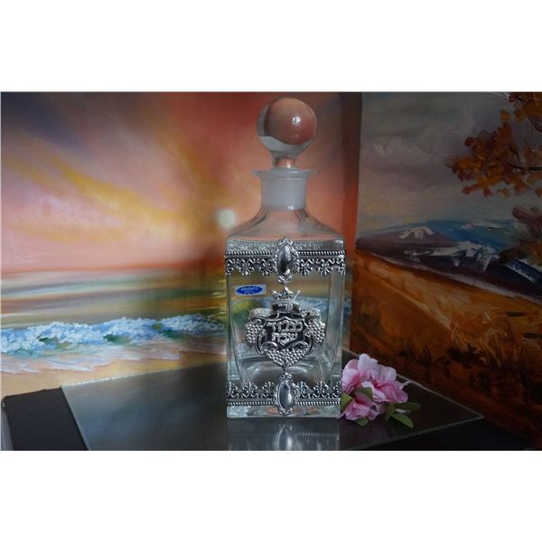 Vintage Glass & Silver Decanter, silver and glass, square glass decanter with silver overlay