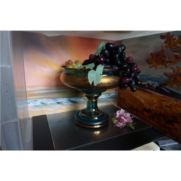 Vintage bohemian Emerald Green Venetian Glass Footed Bowl Cup Gold Flower Accents