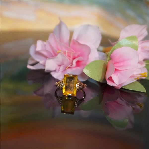 Art Deco 10kt gold ring with deep yellow citrine,Large Yellow Citrine gold ring, Gift for her