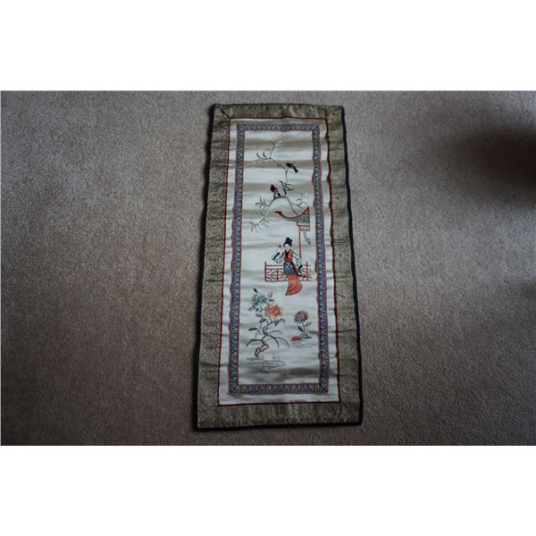 Vintage Asian embroidered scroll with geisha