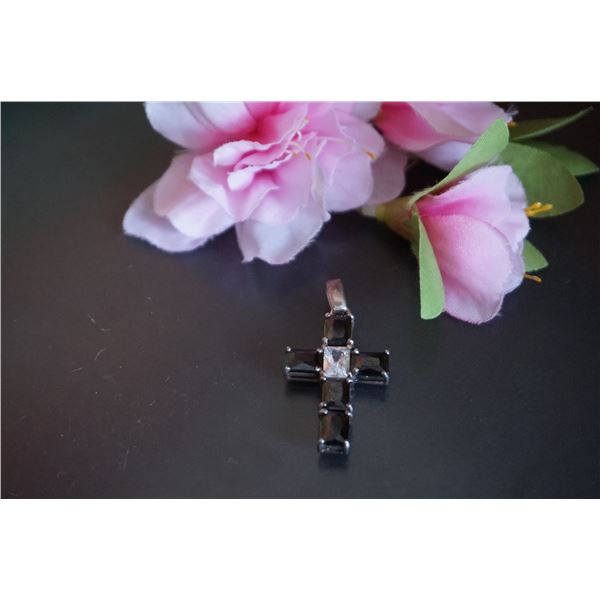 Vintage silver cross with black and white crystals