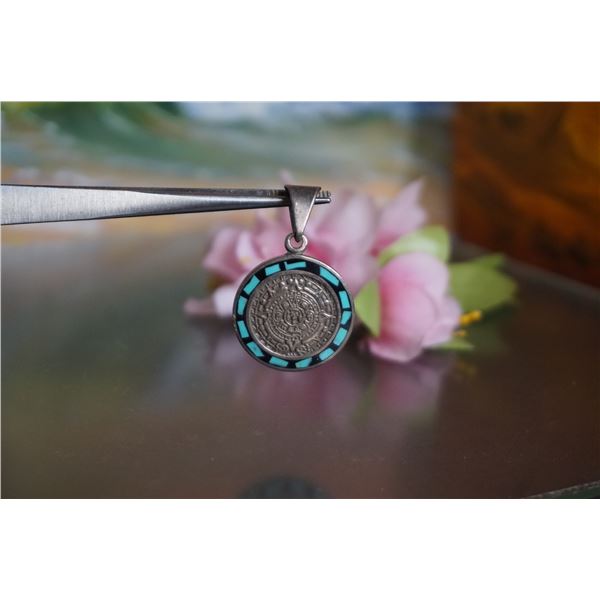 Vintage Taxco Silver Maya Calendar silver pendant with turquoise decor Vintage Taxco Silver Maya Calendar silver pendant with turquoise decor