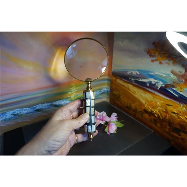 Vintage Brass Magnifying Glass with Mother of Pearl Handle, Table decor, men gift idea