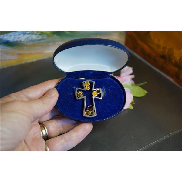 Vintage large silver cross pendant with natural amber cabochons