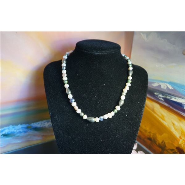 Vintage necklace with white, pink and green freshwater pearls