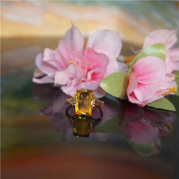 Art Deco 10kt gold ring with deep yellow citrine,Large Yellow Citrine gold ring, Gift for her