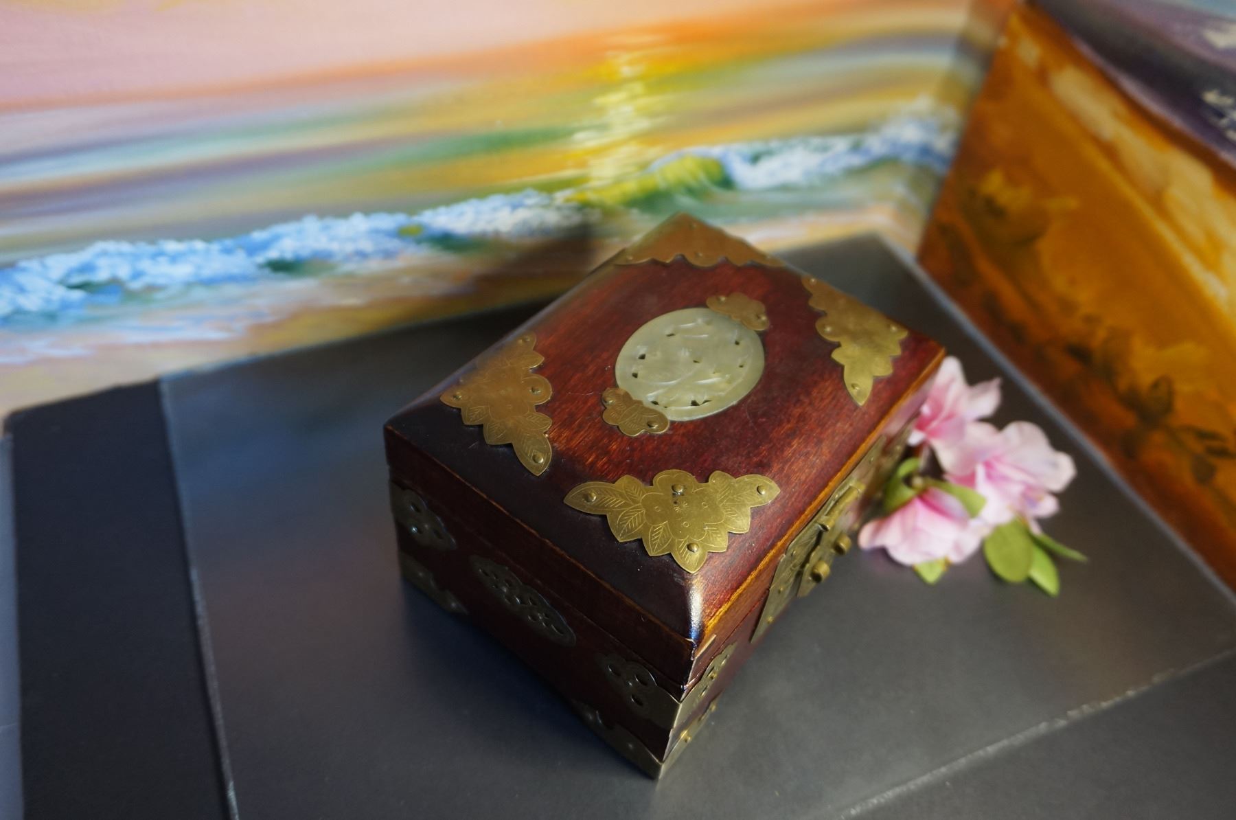 Vintage Chinese wood with jade Jewelry box, Oriental box, Asian box ...