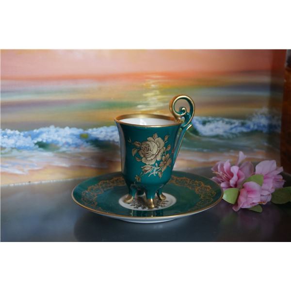 Vintage lovely footed chocolate cup and saucer, Western Germany Echt gold