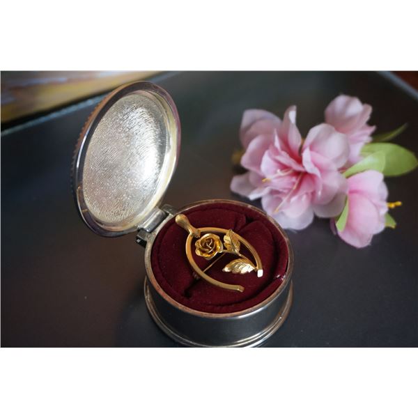 Vintage silver good luck brooch, horse shoe and rose