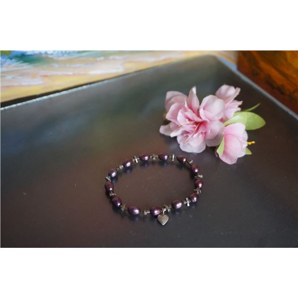 Vintage purple freshwater pearls bracelet with silver beads and heart