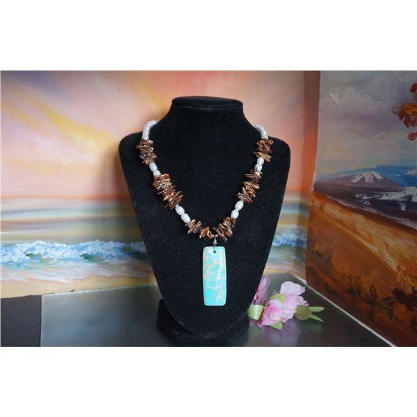 Vintage necklace with blue stone, white fresh water pearls and keshu pearls