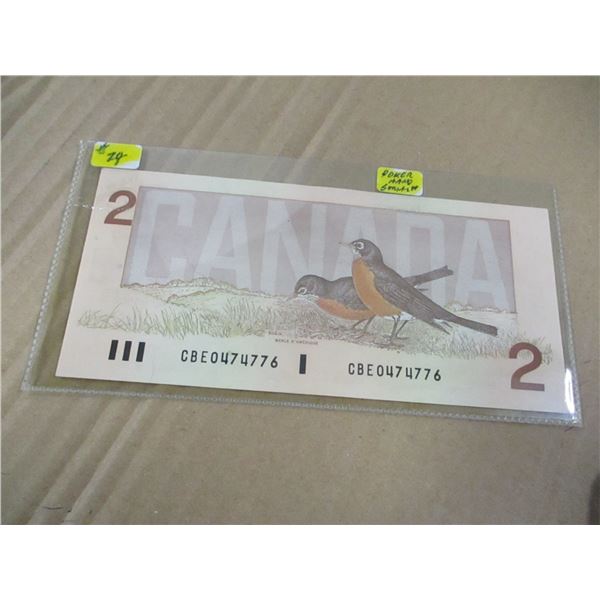1986 POKER HAND SERIAL NUMBER CANADA $2 BILL (4'S & 7'S)