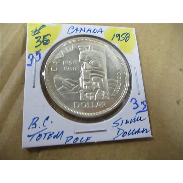 1958 UNCIRCULATED BC TOTEM POLE SILVER DOLLAR