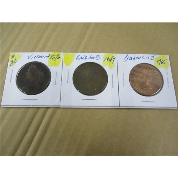 1876 VICTORIAN, 1907 KGVI & 1965 QEII LARGE PENNIES