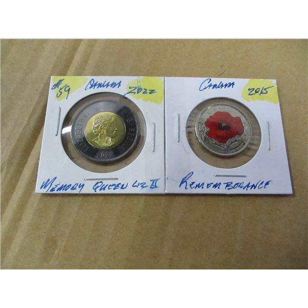 2022 MEMORY OF QUEEN ELIZABETH II TOONIE & 2015 REMEMBRANCE QUARTER