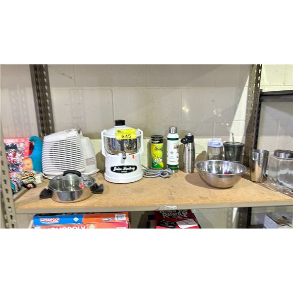 SHELF LOT OF ASSORTED ITEMS INCLUDING; WATER BOTTLES, JUICE FACTORY 2000, TENNIS BALLS AND MORE