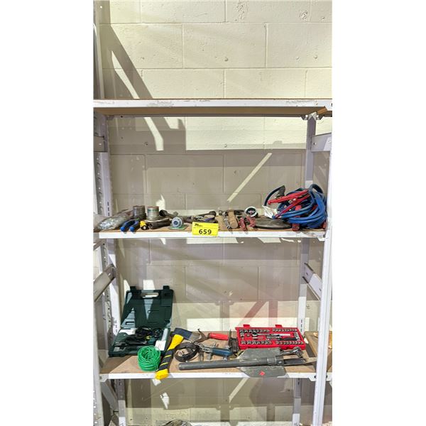 2 SHELVES OF ASSORTED TOOLS INCLUDING; HAMMER, PLIERS AND MORE