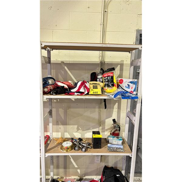 2 SHELVES OF ASSORTED ITEMS INCLUDING; SUNBEAM STEAM MASTER IRON, PHONE, POLY ROPE AND MORE