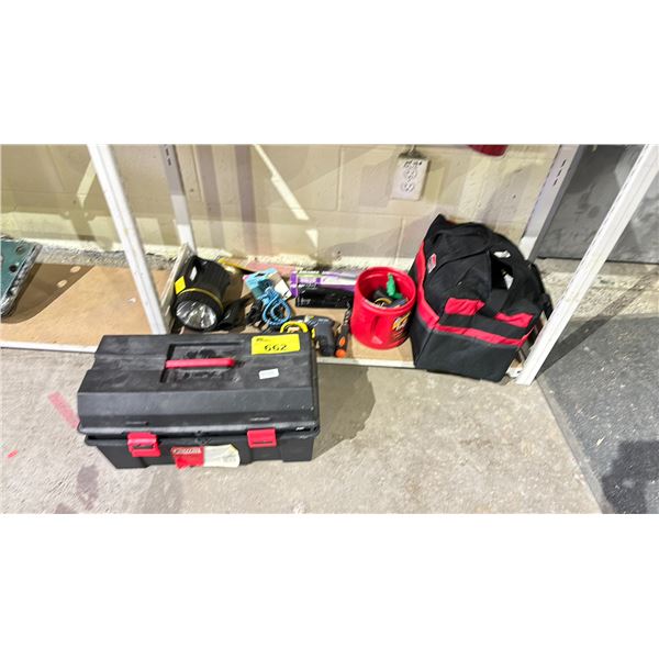 SHELF LOT OF ASSORTED ITEMS INCLUDING; JOBMATE BAG, JOBMATE TOOL BOX, FLASHLIGHT AND MORE