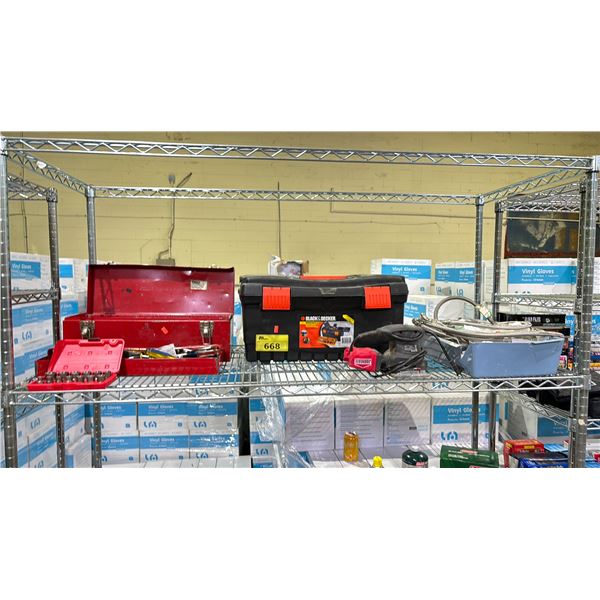 SHELF LOT OF BLACK& DECKER TOOL BOX WITH CONTENTS, JOBMATE SANDER AND MORE