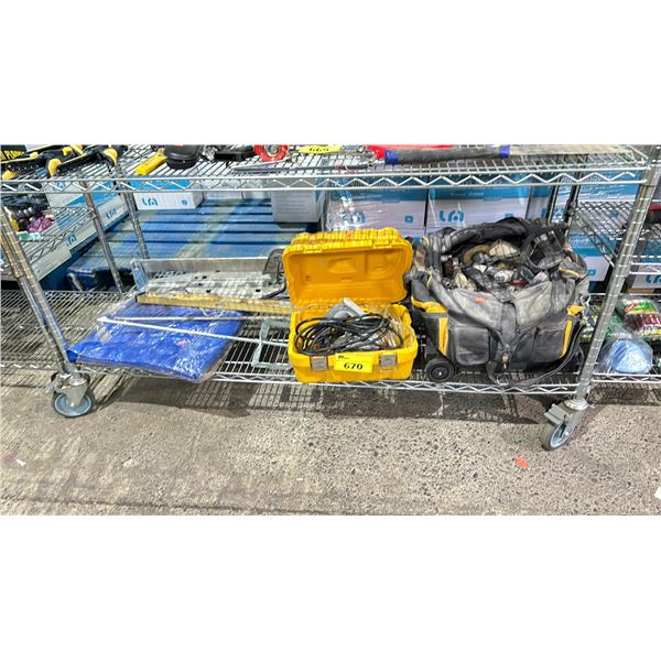 SHELF LOT OF WORK FORCE TILE SAW, TARP, LEVEL AND MORE