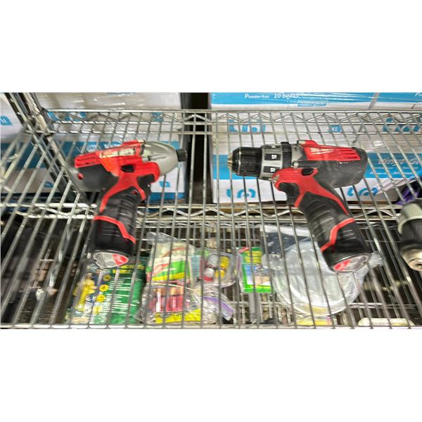 SHELF OF MILWAUKEE RIGHT ANGLE DRILL, HAMMER DRILL, IMPACT DRIVER AND BATTERY CHARGER