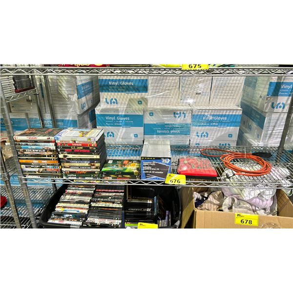 SHELF LOT OF DVDS, TOOL SET AND MORE