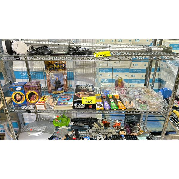 SHELF LOT OF ASSORTED MCDONALDS TOYS, STAR WARS COLLECTOR SERIES, HARRY POTTER "RON" FIGURE AND